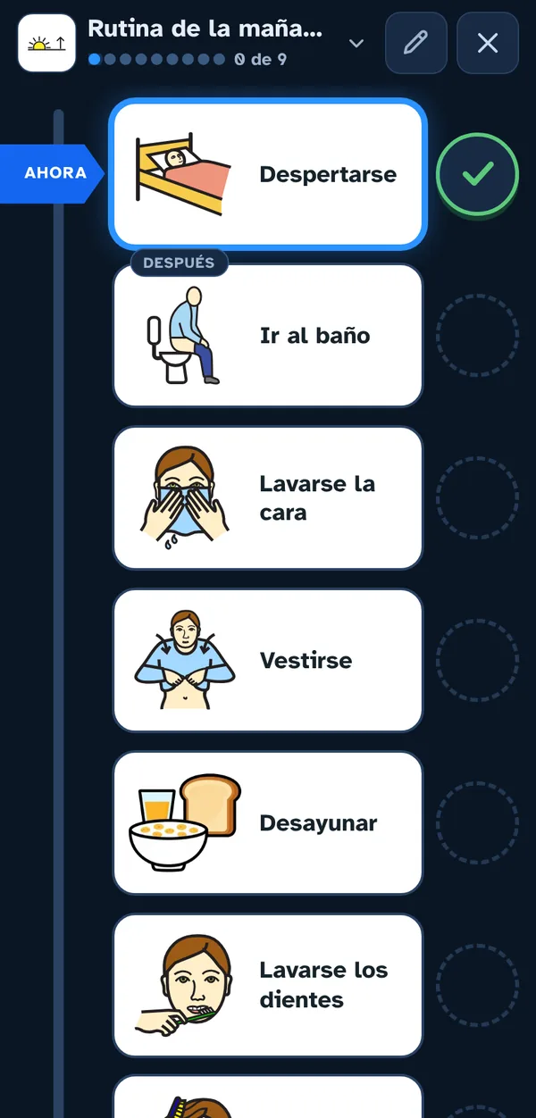 La agenda visual con la rutina de la mañana: despertarse, ir al baño, lavarse la cara, vestirse, desayunar.