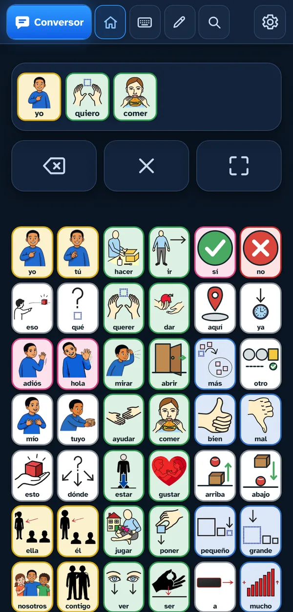 Pantalla del comunicador de VerboSAAC: arriba la frase «yo quiero comer» y debajo el tablero de pictogramas con casillas de colores.