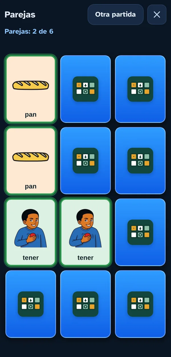 El juego de parejas: dos parejas encontradas, «pan» y «tener», y el resto de cartas boca abajo.