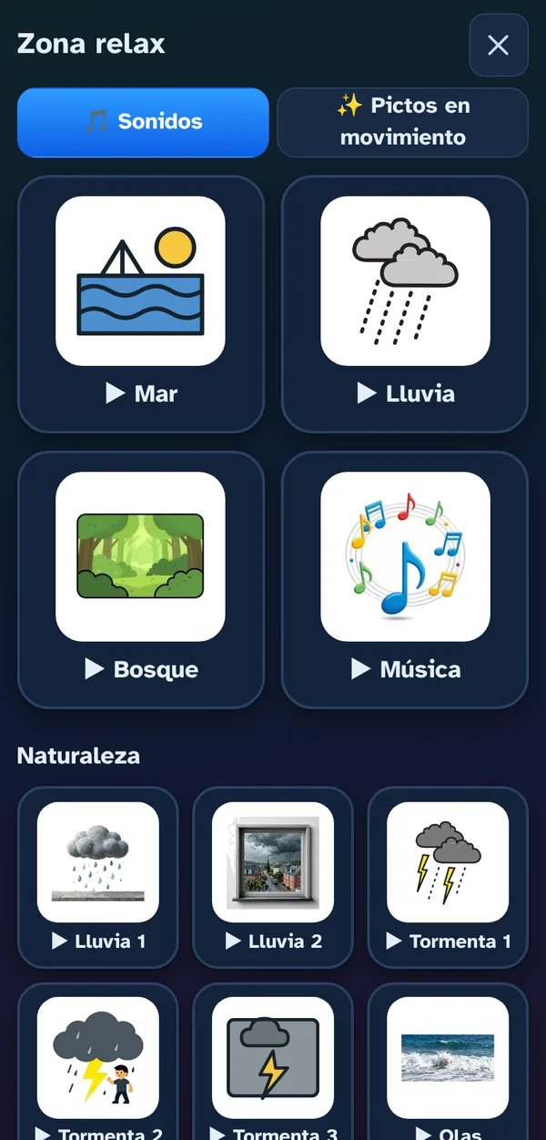 La zona relax con sonidos de mar, lluvia, bosque y música.