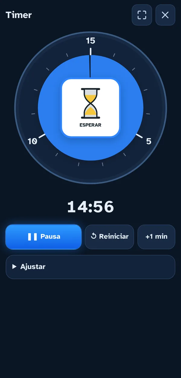 El temporizador visual, con una esfera de colores y el tiempo que queda.