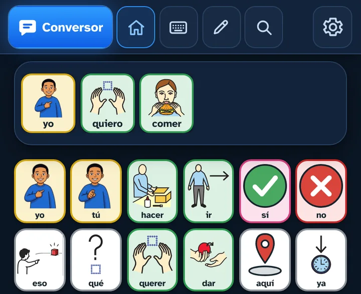 El comunicador: arriba la frase «yo quiero comer» y debajo el tablero, con casillas de pictogramas de colores.